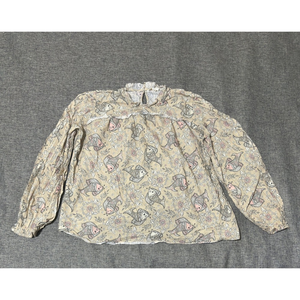 Let‎ Me Be Women's Size 12 Blouse Tan Fish Print Cotton Ruffle Long Sleeve
